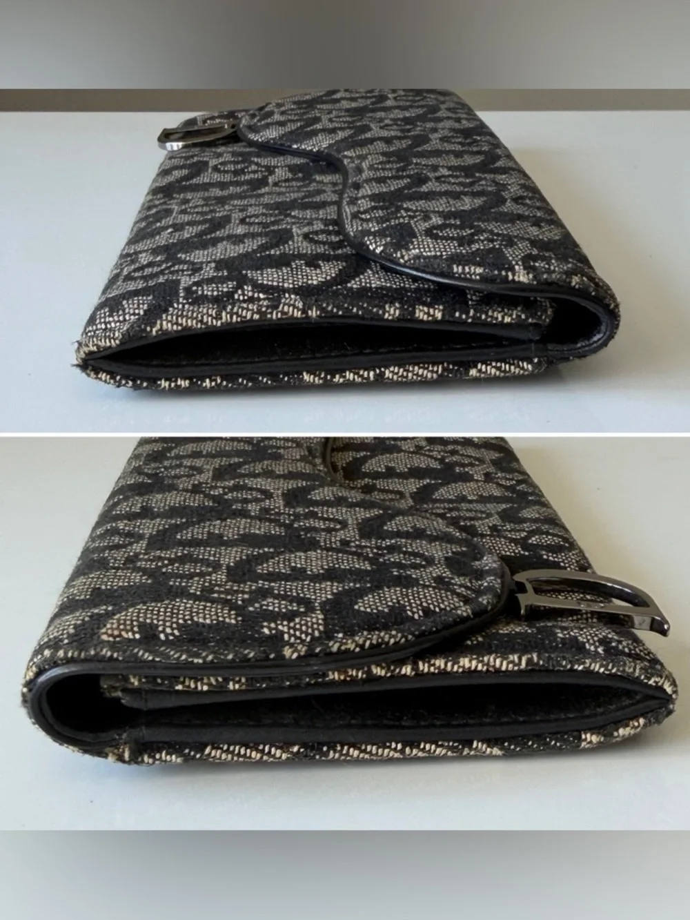 Christian Dior Oblique Saddle Wallet with D Charm Black Gray Canvas